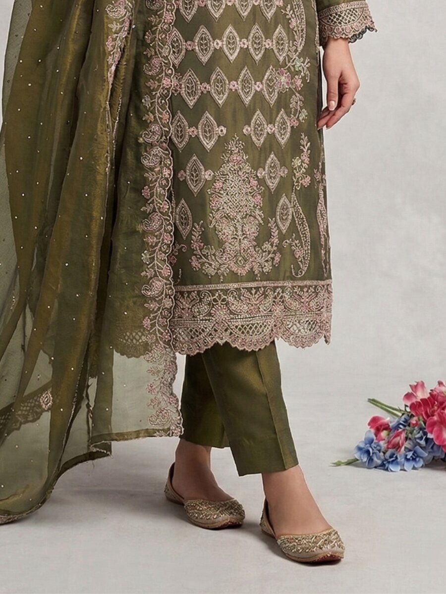Green Silk Embroidery Sequins Diamond Wedding Party Festival Casual Pant Salwar Kameez