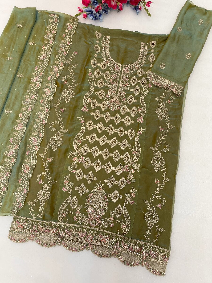 Green Silk Embroidery Sequins Diamond Wedding Party Festival Casual Pant Salwar Kameez