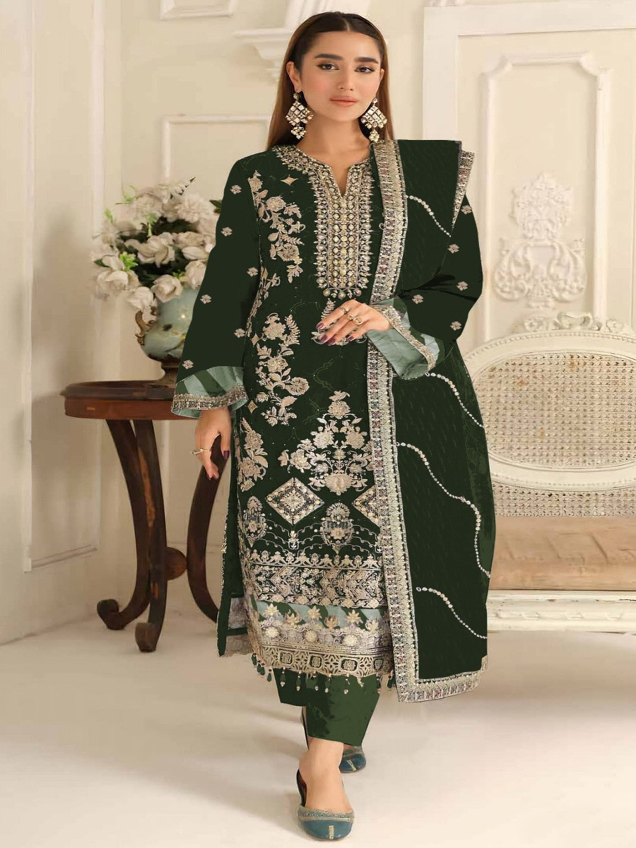 Green Silk Embroidery Sequins Zari Wedding Party Festival Casual Engagement Pant Salwar Kameez
