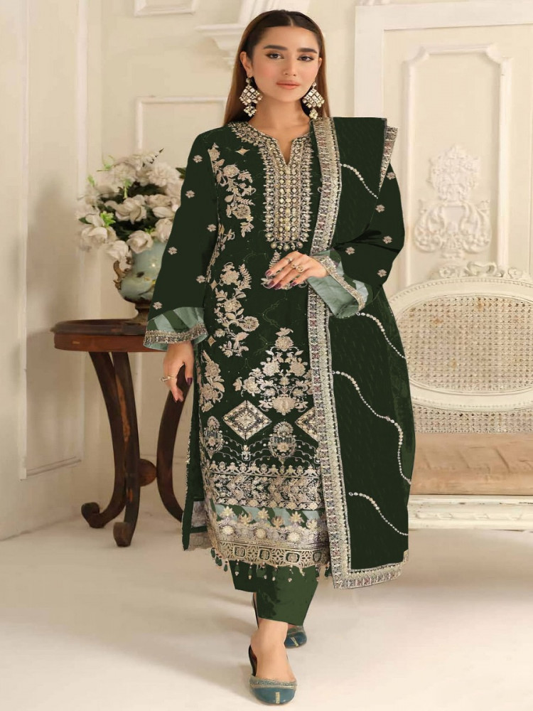 Image of Green Silk Embroidery Sequins Zari Wedding Party Festival Casual Engagement Pant Salwar Kameez