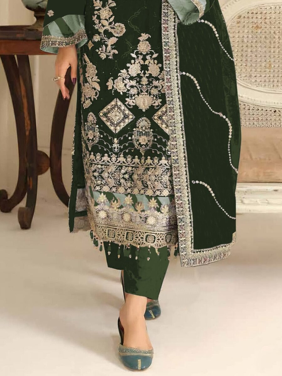 Green Silk Embroidery Sequins Zari Wedding Party Festival Casual Engagement Pant Salwar Kameez