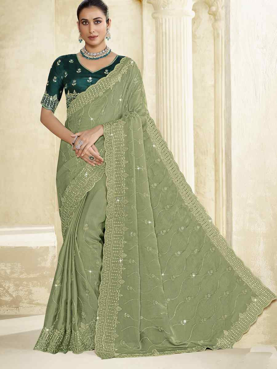 Green Silk Embroidery Traditional Bridal Reception Festival Wedding Fancy Heavy Border Saree