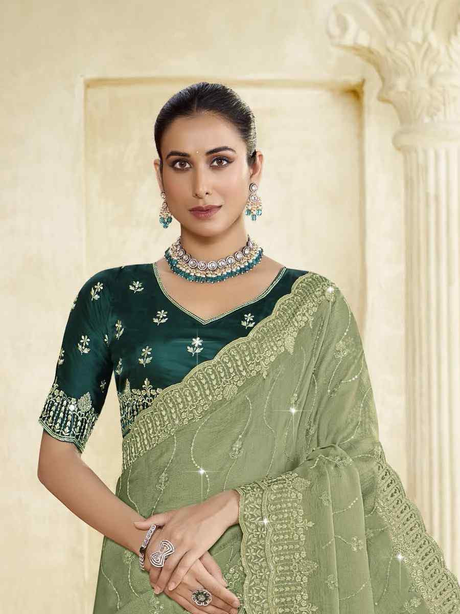 Green Silk Embroidery Traditional Bridal Reception Festival Wedding Fancy Heavy Border Saree
