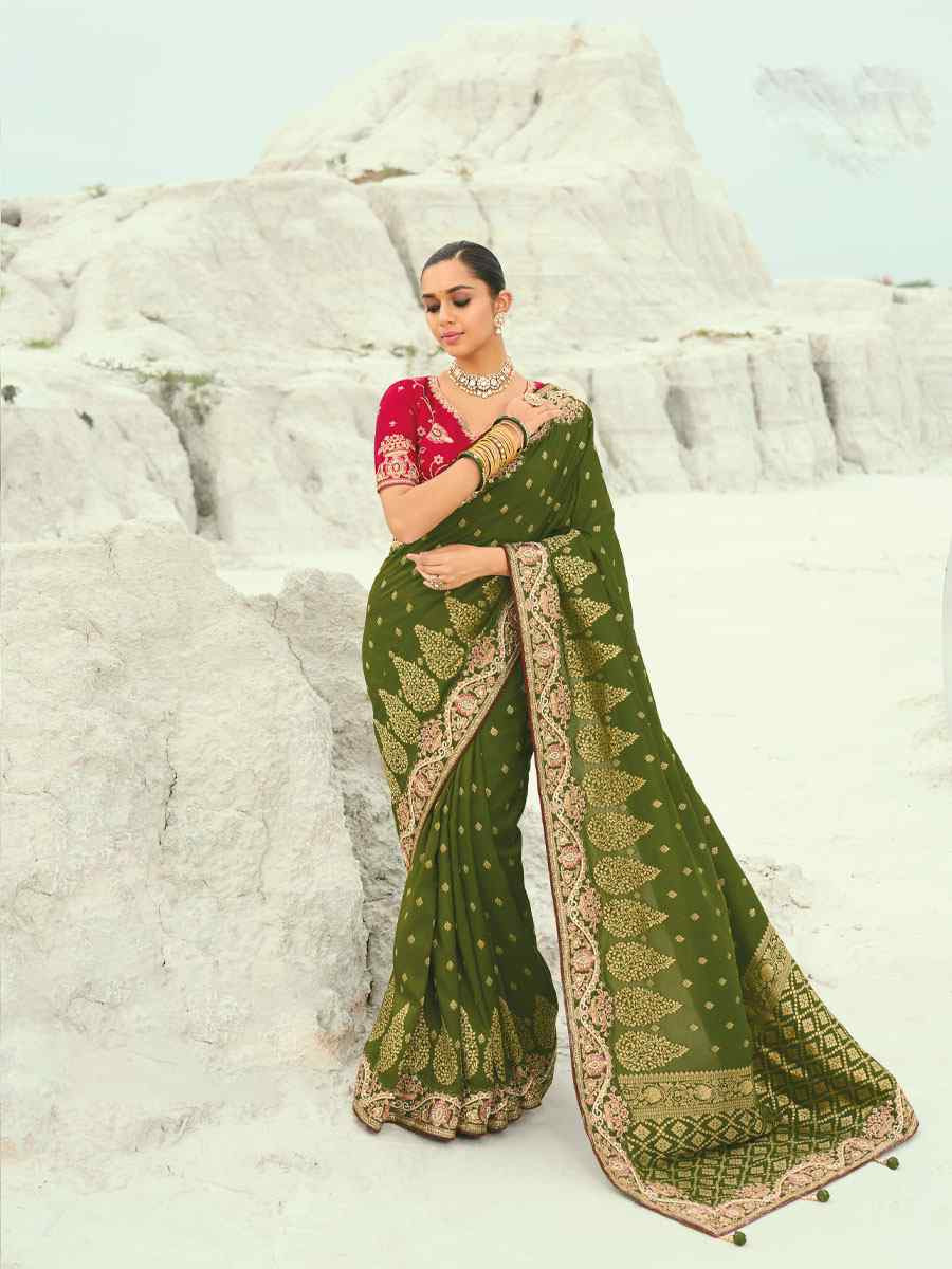 Green Silk Embroidery Traditional Bridal Reception Festival Wedding Fancy Heavy Border Saree