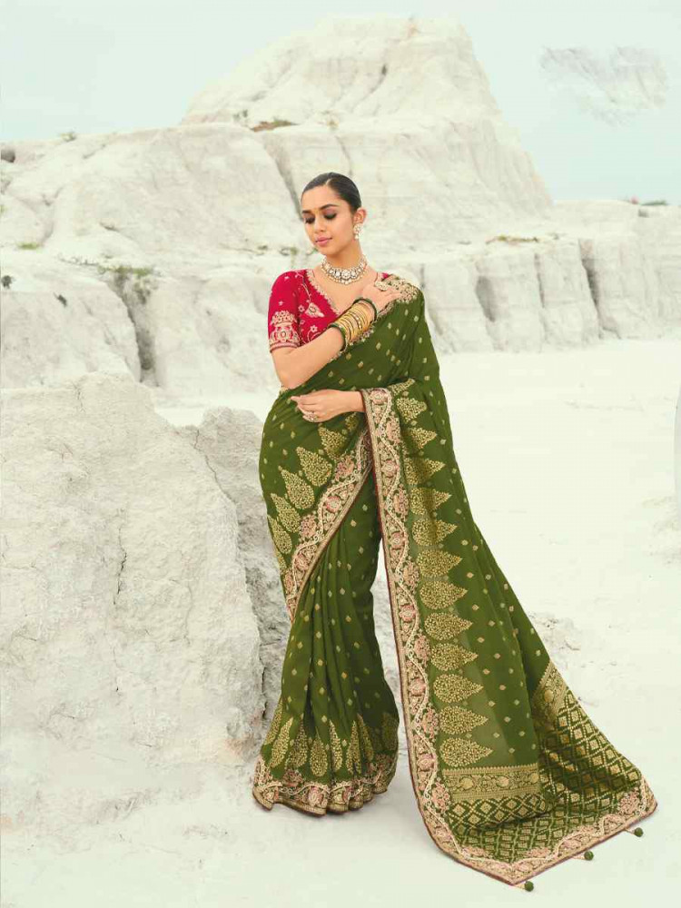 Image of Green Silk Embroidery Traditional Bridal Reception Festival Wedding Fancy Heavy Border Saree