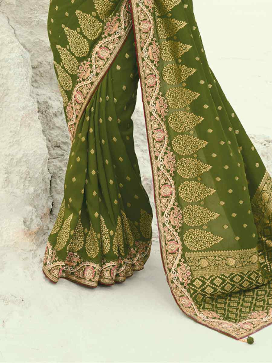 Green Silk Embroidery Traditional Bridal Reception Festival Wedding Fancy Heavy Border Saree
