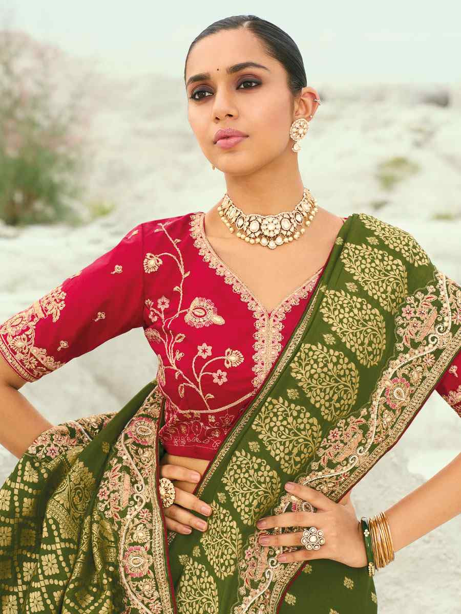 Green Silk Embroidery Traditional Bridal Reception Festival Wedding Fancy Heavy Border Saree