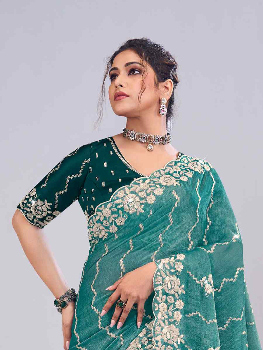 Green Silk Embroidery Traditional Bridal Reception Festival Wedding Fancy Heavy Border Saree