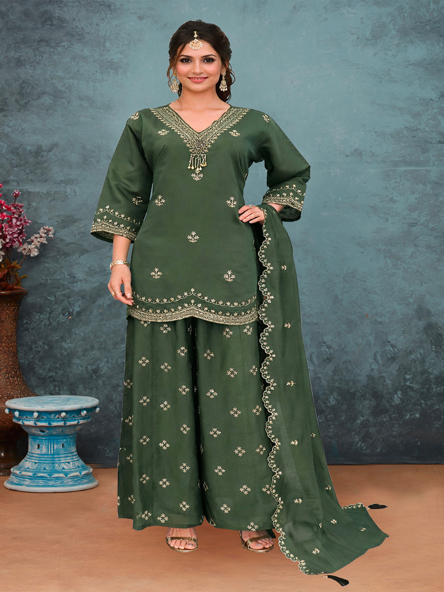 Green Silk Embroidery Wedding Party Festival Casual Ready Palazzo Pant Salwar Kameez