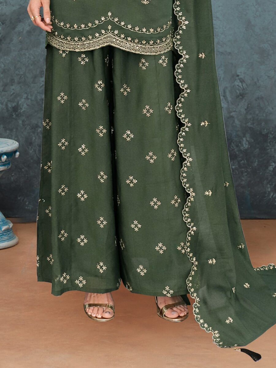 Green Silk Embroidery Wedding Party Festival Casual Ready Palazzo Pant Salwar Kameez