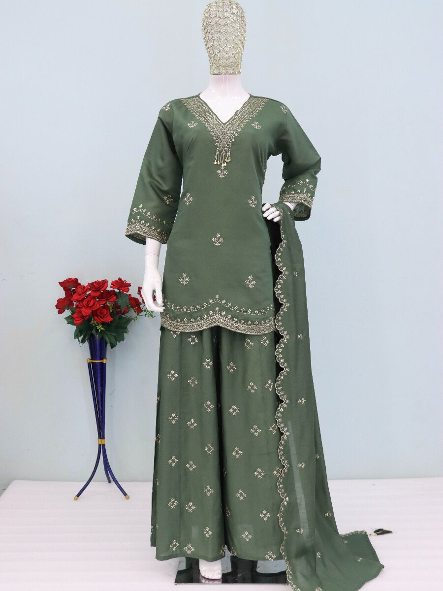Green Silk Embroidery Wedding Party Festival Casual Ready Palazzo Pant Salwar Kameez