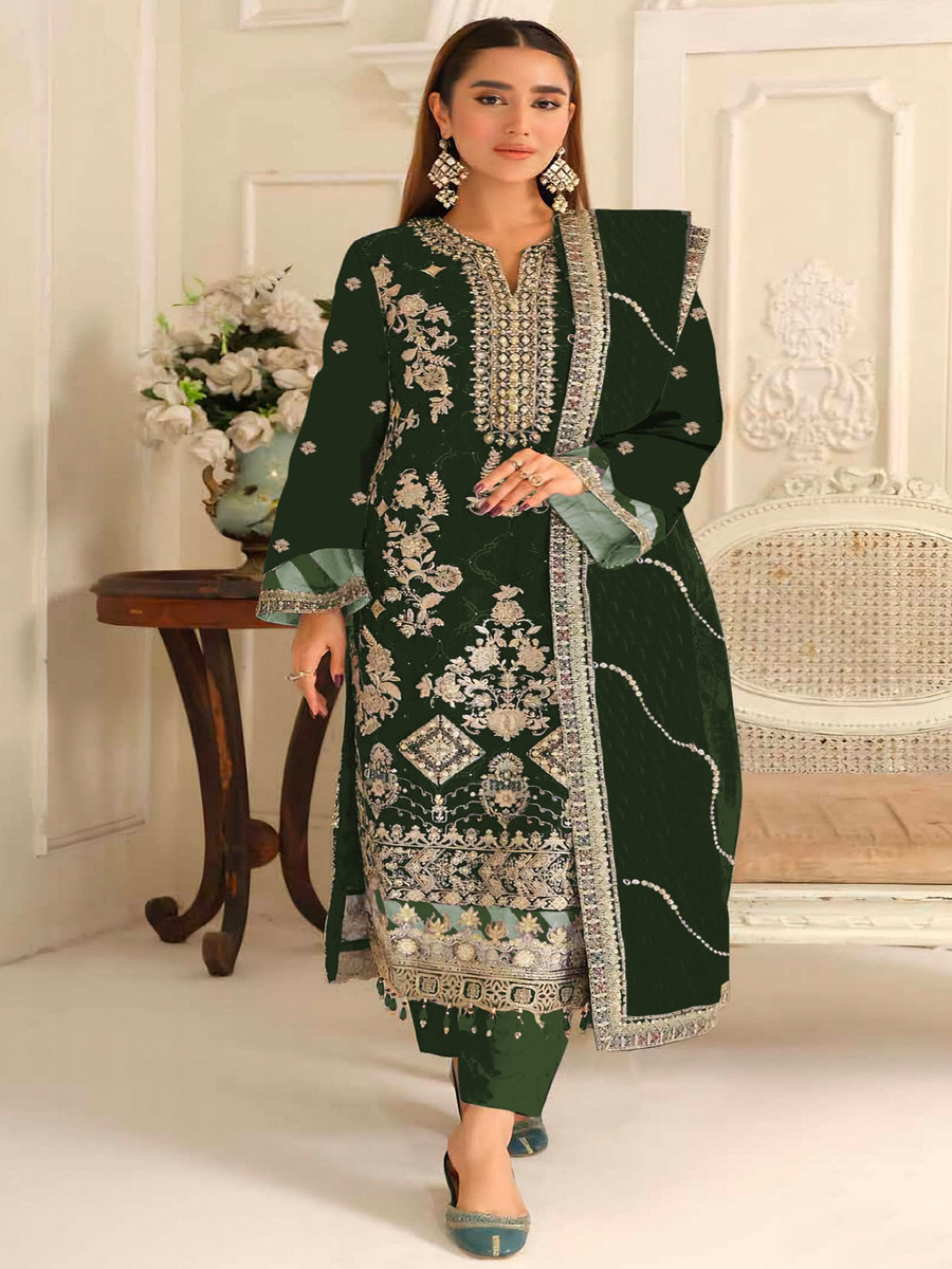 Green Silk Embroidery Zari Sequins Wedding Party Festival Casual Pant Salwar Kameez