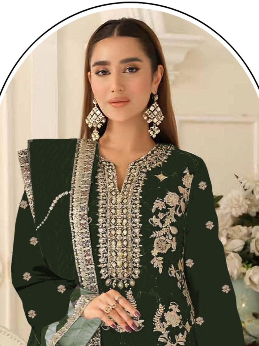 Green Silk Embroidery Zari Sequins Wedding Party Festival Casual Pant Salwar Kameez