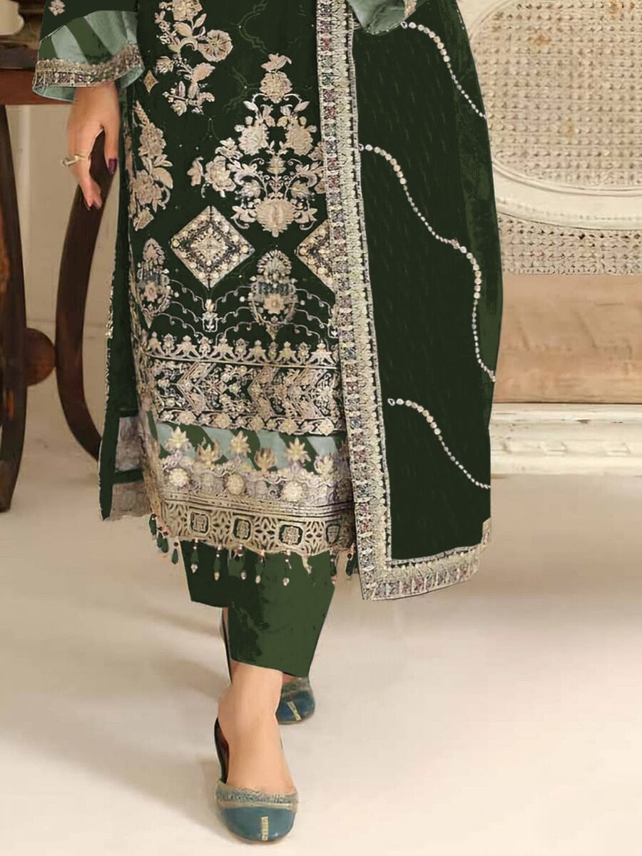 Green Silk Embroidery Zari Sequins Wedding Party Festival Casual Pant Salwar Kameez