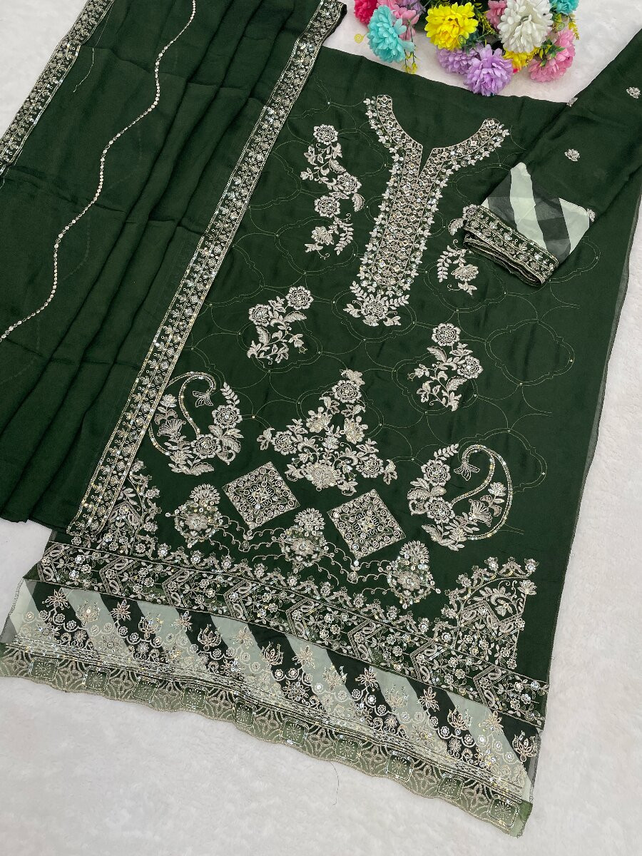 Green Silk Embroidery Zari Sequins Wedding Party Festival Casual Pant Salwar Kameez