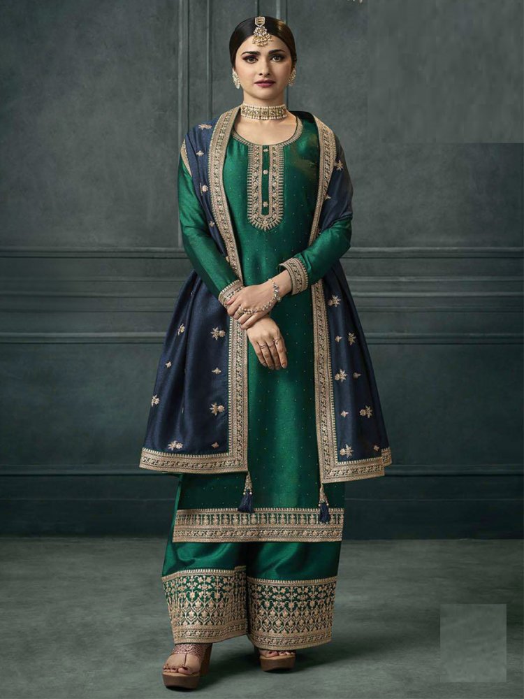Green Silk Georgette Embroidered Festival Wedding Palazzo Pant Bollywood Style Salwar Kameez