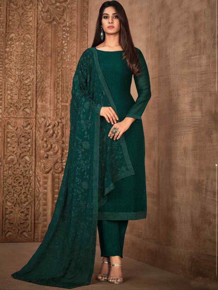 Green Silk Georgette Embroidered Festival Wedding Pant Salwar Kameez