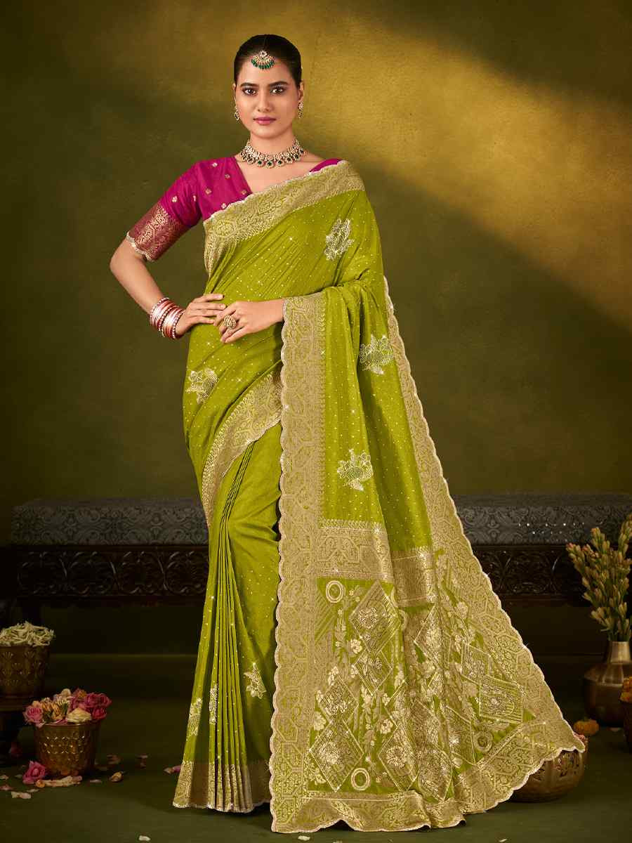 Green Silk Handwoven Bridal Reception Festival Wedding Fancy Heavy Border Saree