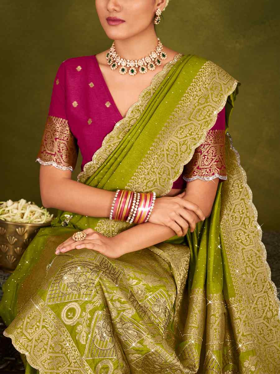 Green Silk Handwoven Bridal Reception Festival Wedding Fancy Heavy Border Saree