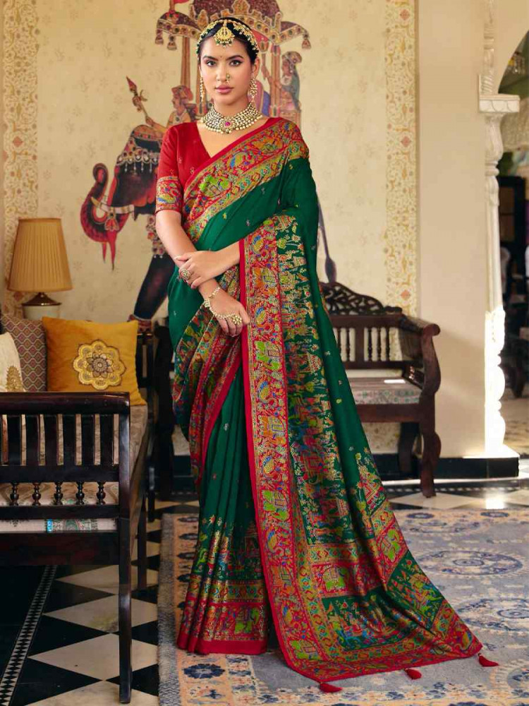Image of Green Silk Handwoven Casual Reception Festival Wedding Fancy Heavy Border Saree