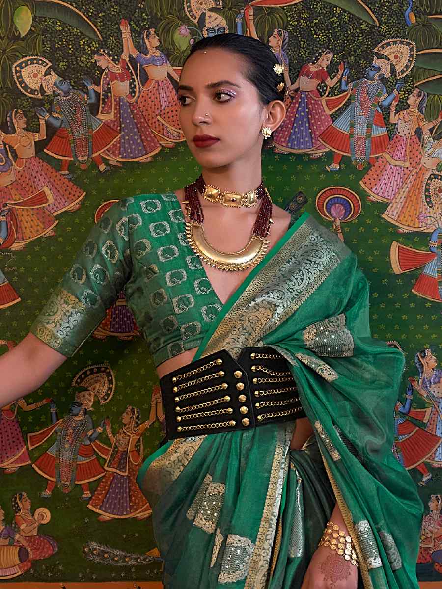 Green Silk Handwoven Party Festival Heavy Border Saree