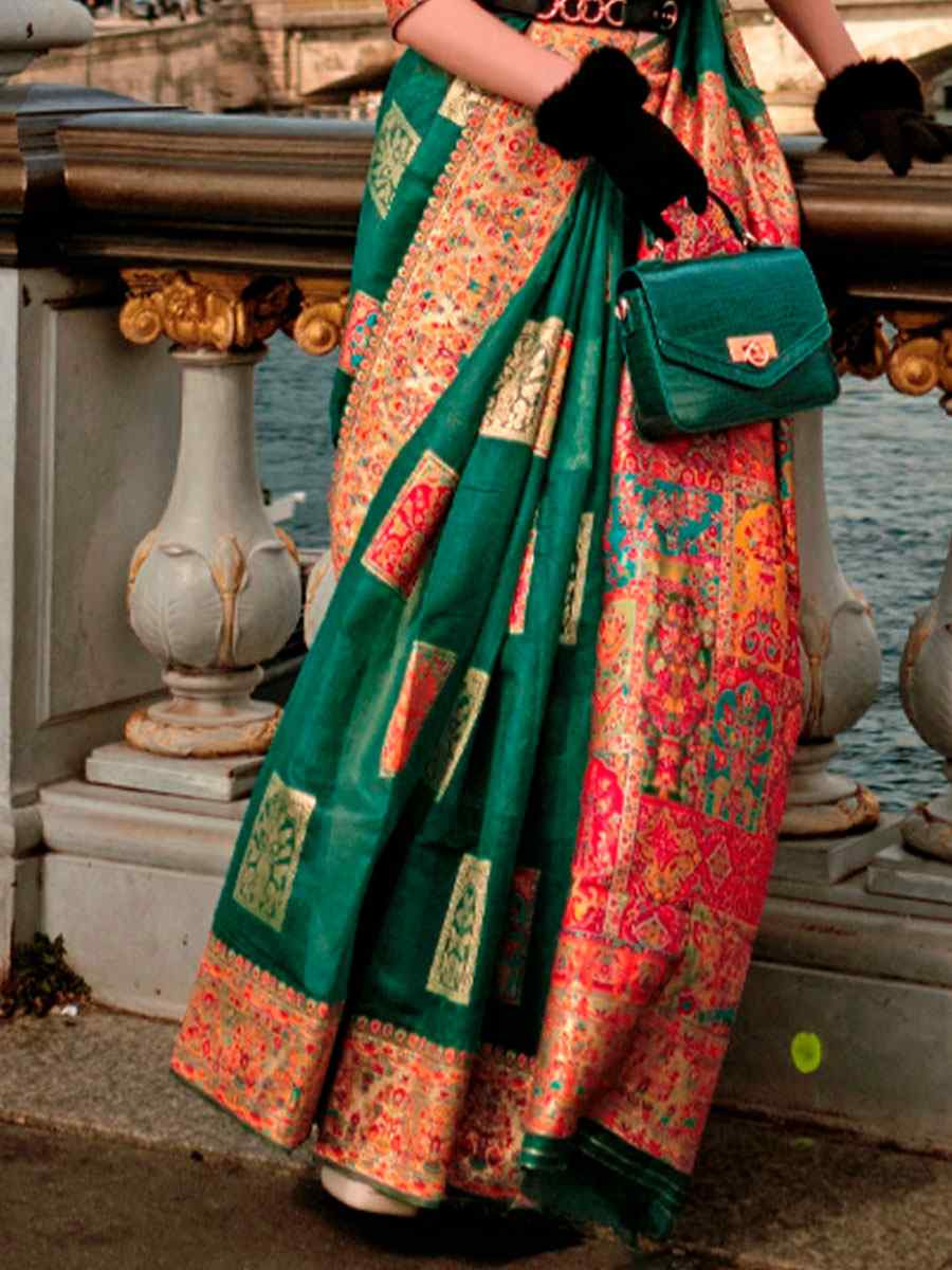 Green Silk Handwoven Traditional Bridal Reception Festival Wedding Fancy Heavy Border Saree