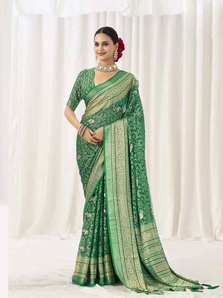 Green Silk Handwoven Traditional Bridal Reception Festival Wedding Fancy Heavy Border Sarees