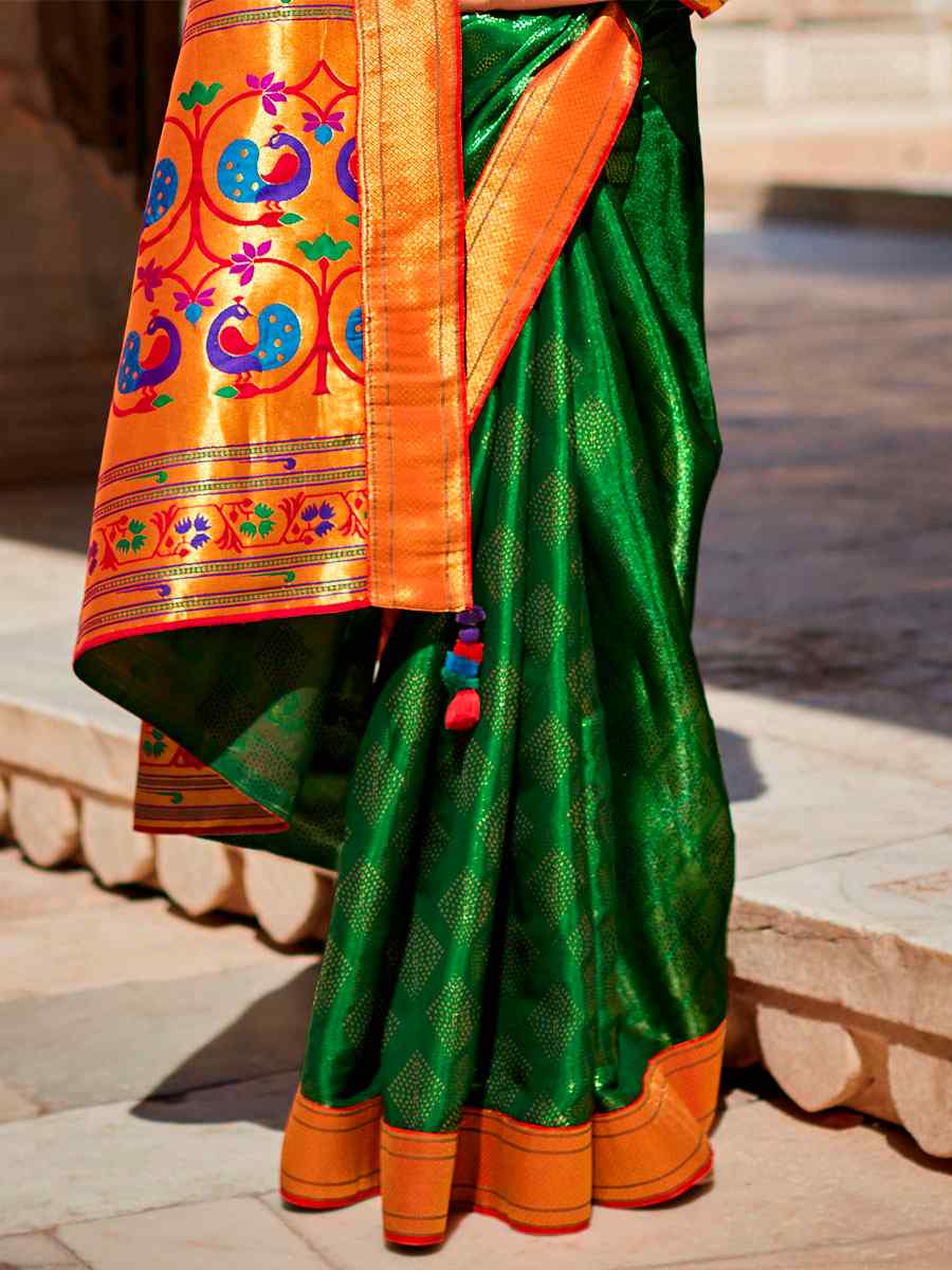 Green Silk Handwoven Wedding Festival Heavy Border Saree