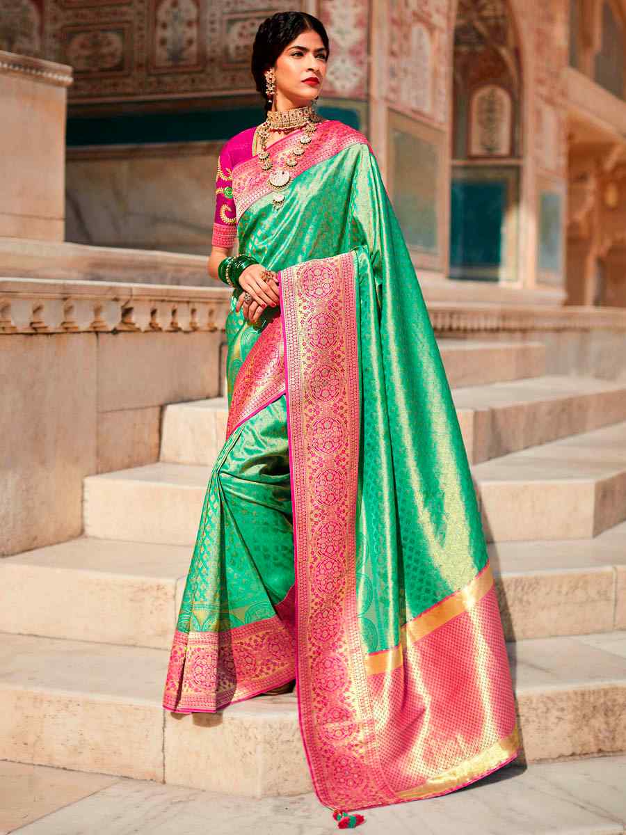 Green Silk Handwoven Wedding Festival Heavy Border Saree