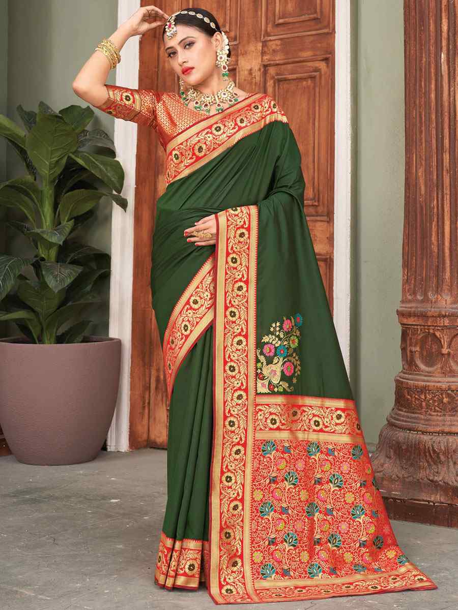 Green Silk Handwoven Wedding Festival Heavy Border Saree