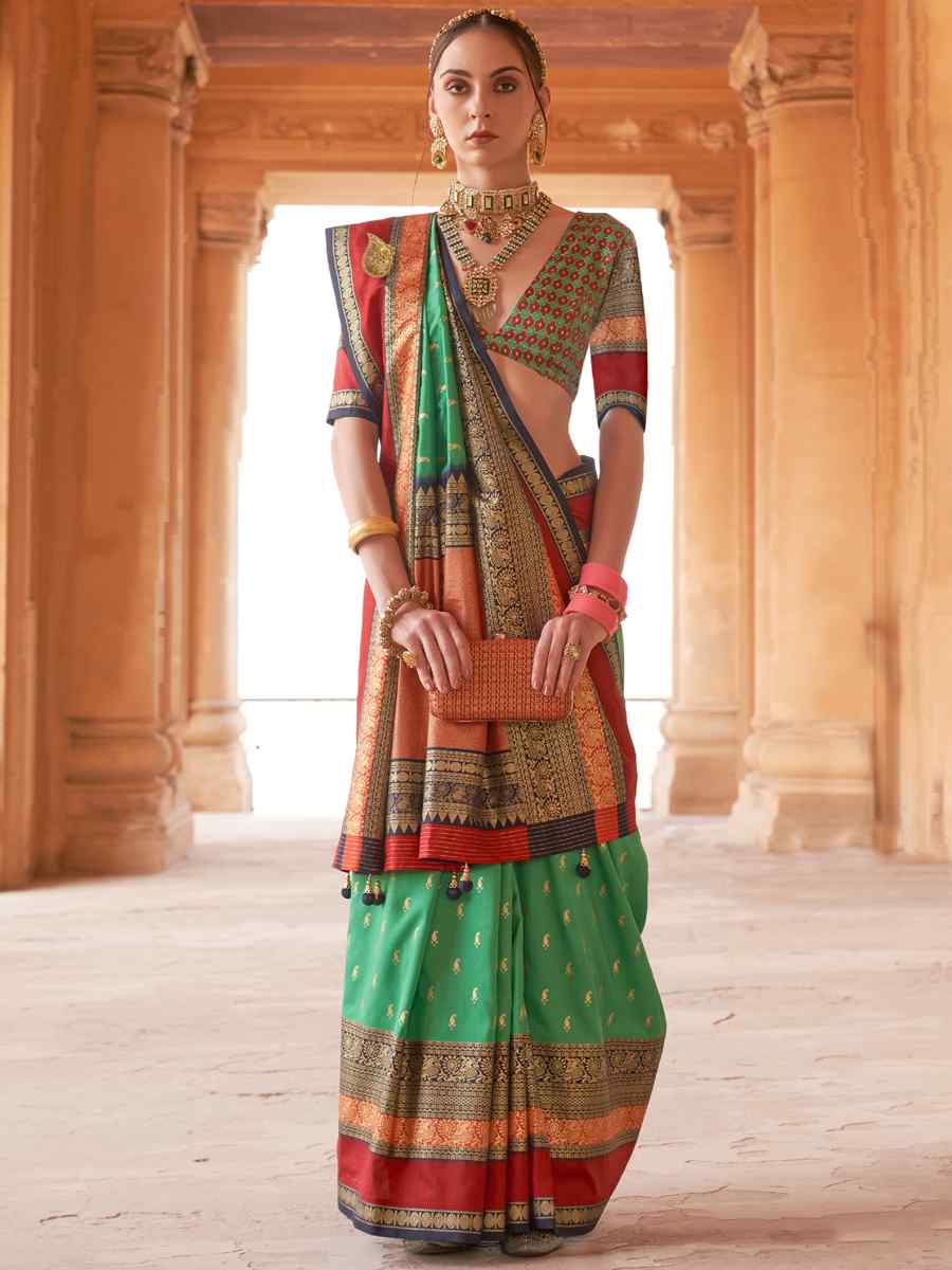 Green Silk Handwoven Wedding Festival Heavy Border Saree