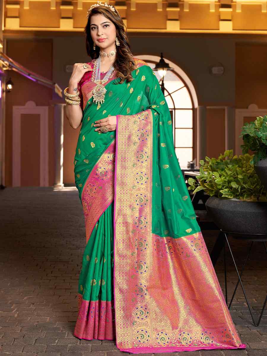 Green Silk Handwoven Wedding Festival Heavy Border Saree