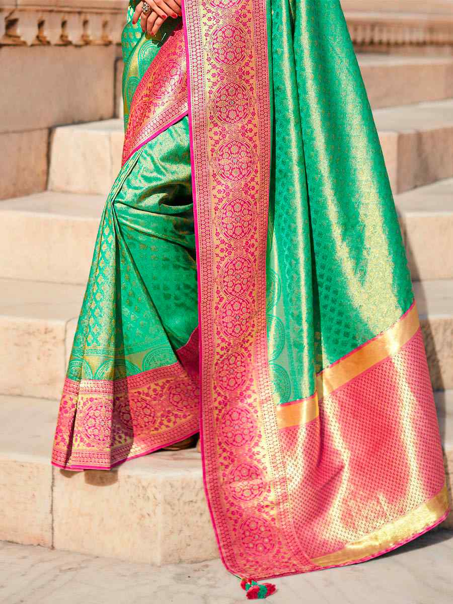 Green Silk Handwoven Wedding Festival Heavy Border Saree