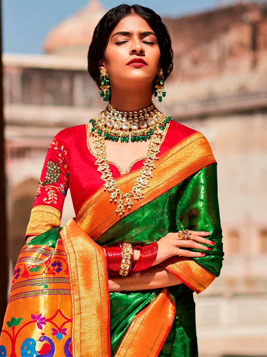 Green Silk Handwoven Wedding Festival Heavy Border Saree