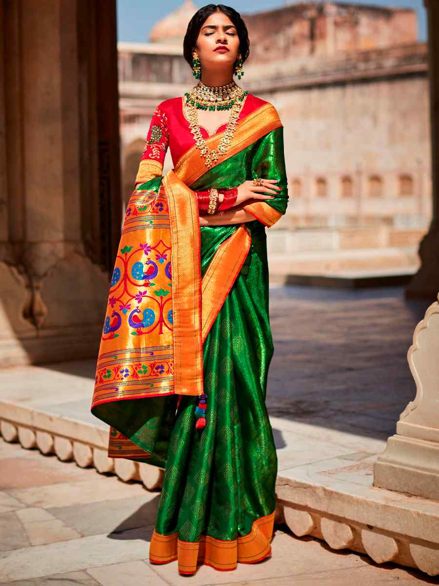 Green Silk Handwoven Wedding Festival Heavy Border Saree