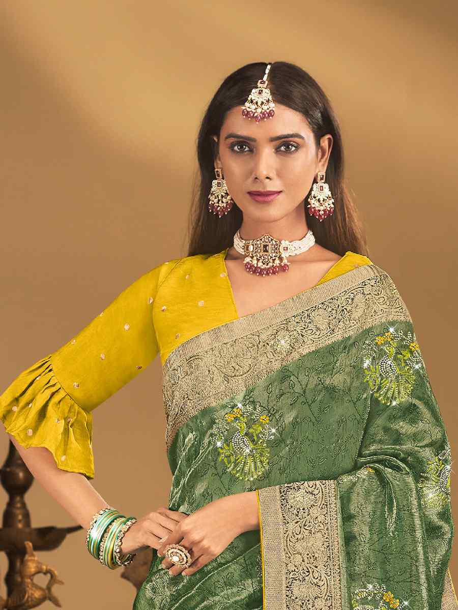 Green Silk Handwoven with Embroidery Bridal Reception Festival Wedding Fancy Heavy Border Saree