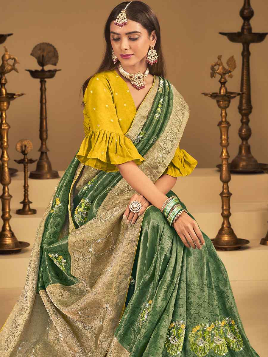 Green Silk Handwoven with Embroidery Bridal Reception Festival Wedding Fancy Heavy Border Saree