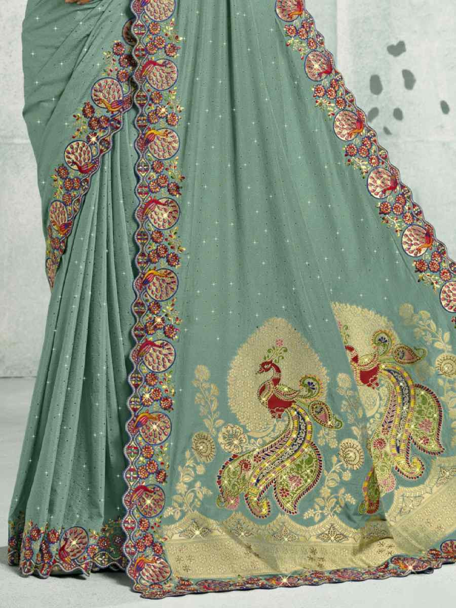 Green Silk Handwoven with Embroidery Bridal Reception Festival Wedding Fancy Heavy Border Saree