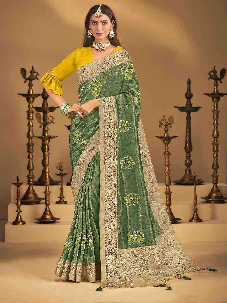 Green Silk Handwoven with Embroidery Bridal Reception Festival Wedding Fancy Heavy Border Saree