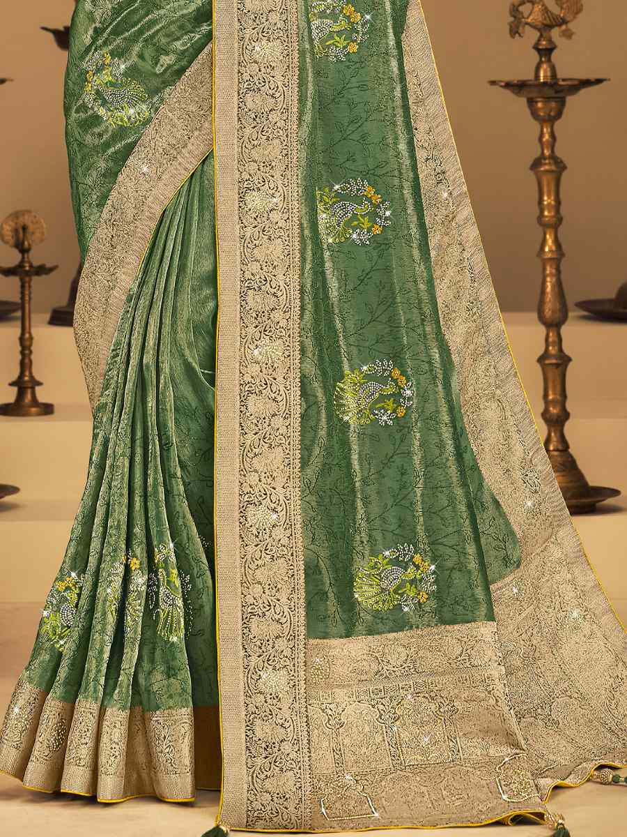 Green Silk Handwoven with Embroidery Bridal Reception Festival Wedding Fancy Heavy Border Saree