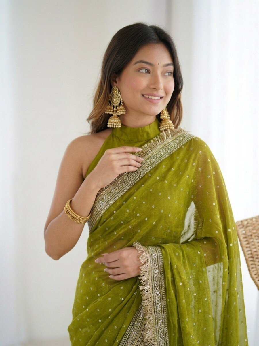 Green Silk Jaquard Butti Wedding Reception Party Festival Casual Heavy Border Sarees