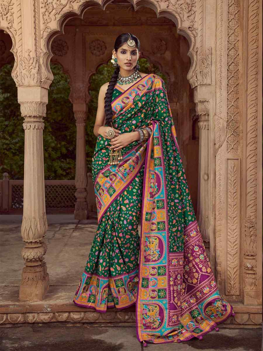 Green Silk Kalamkari Printed Festival Wedding Fancy Heavy Border Saree