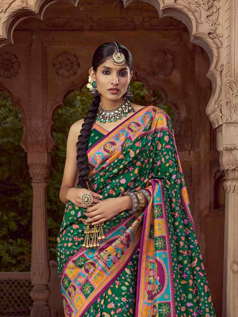Green Silk Kalamkari Printed Festival Wedding Fancy Heavy Border Saree