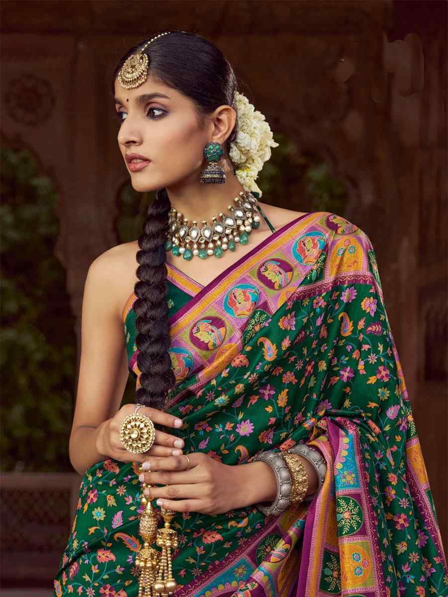 Green Silk Kalamkari Printed Festival Wedding Fancy Heavy Border Saree