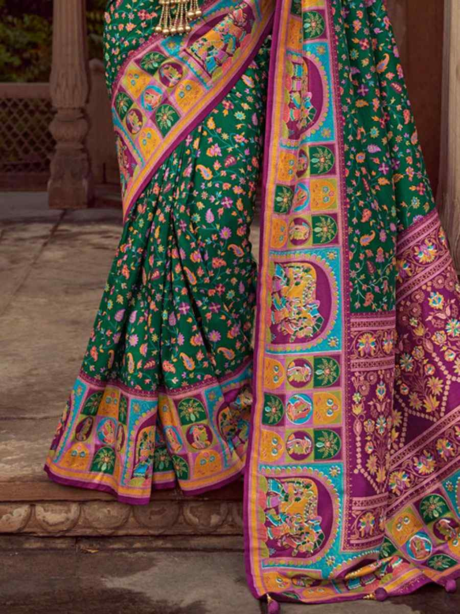 Green Silk Kalamkari Printed Festival Wedding Fancy Heavy Border Saree