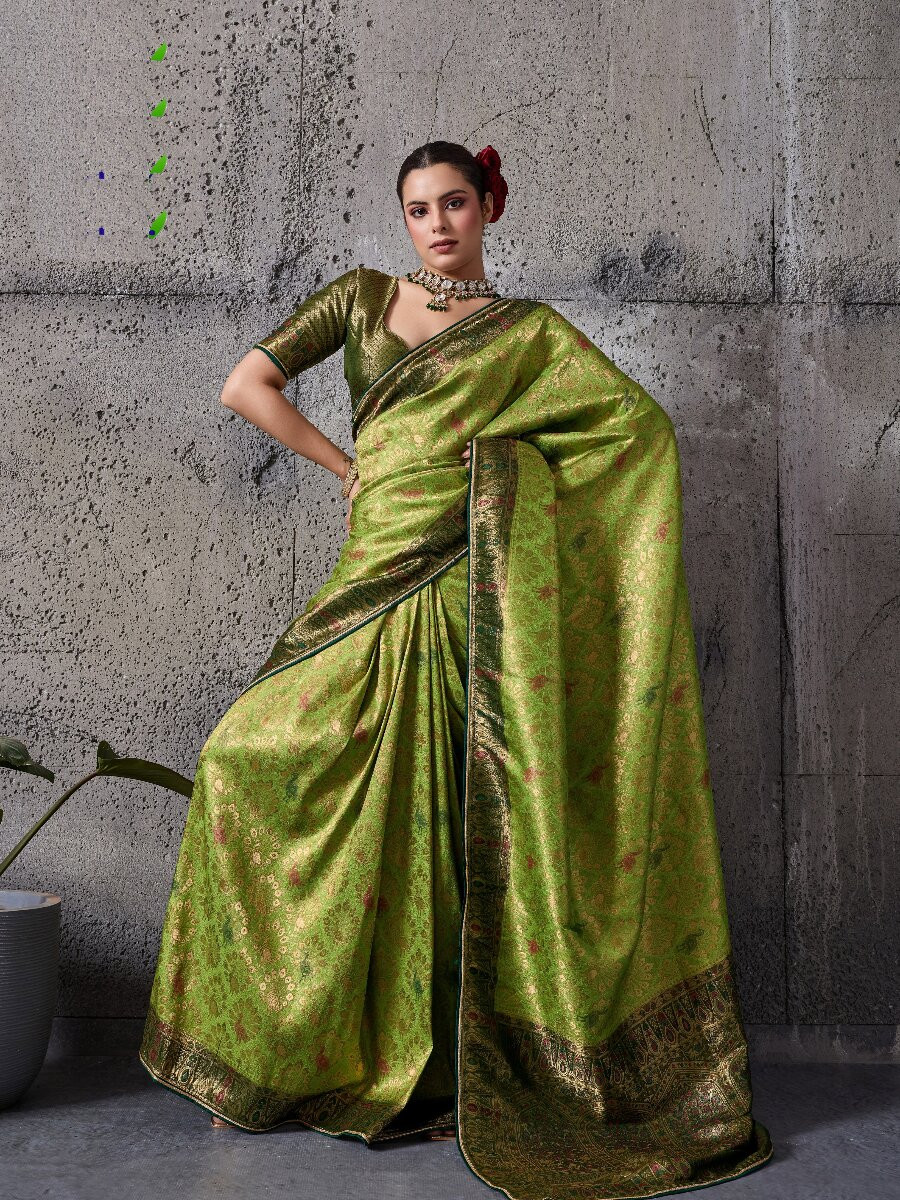 Green Silk Kanjivaram Wedding Reception Party Festival Casual Heavy Border Sarees