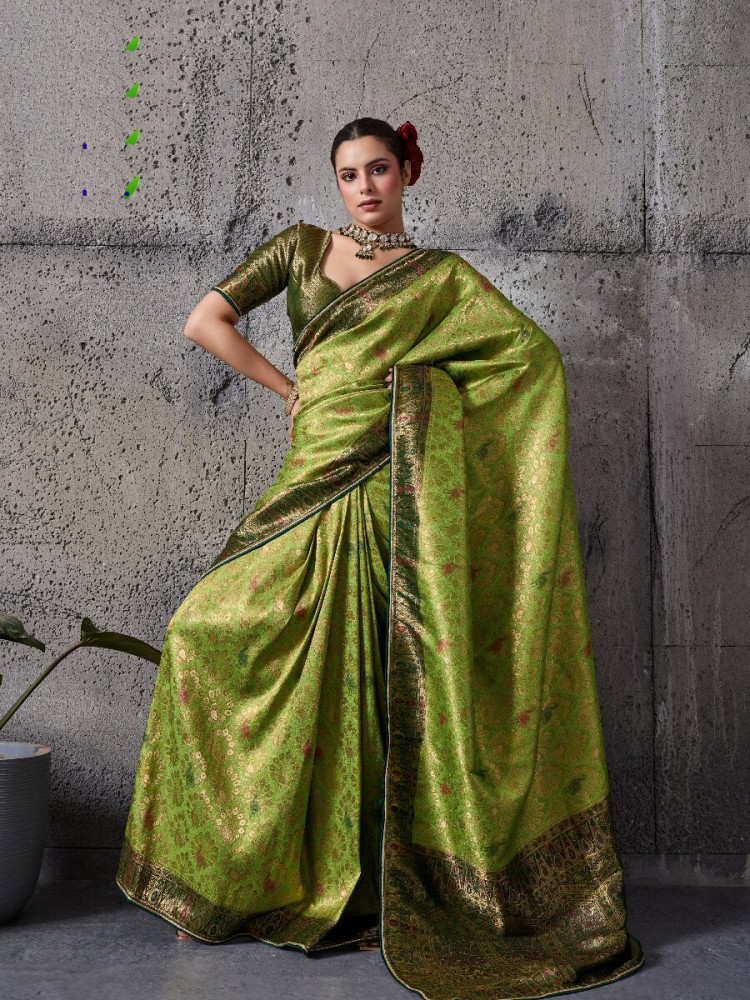 Image of Green Silk Kanjivaram Wedding Reception Party Festival Casual Heavy Border Sarees