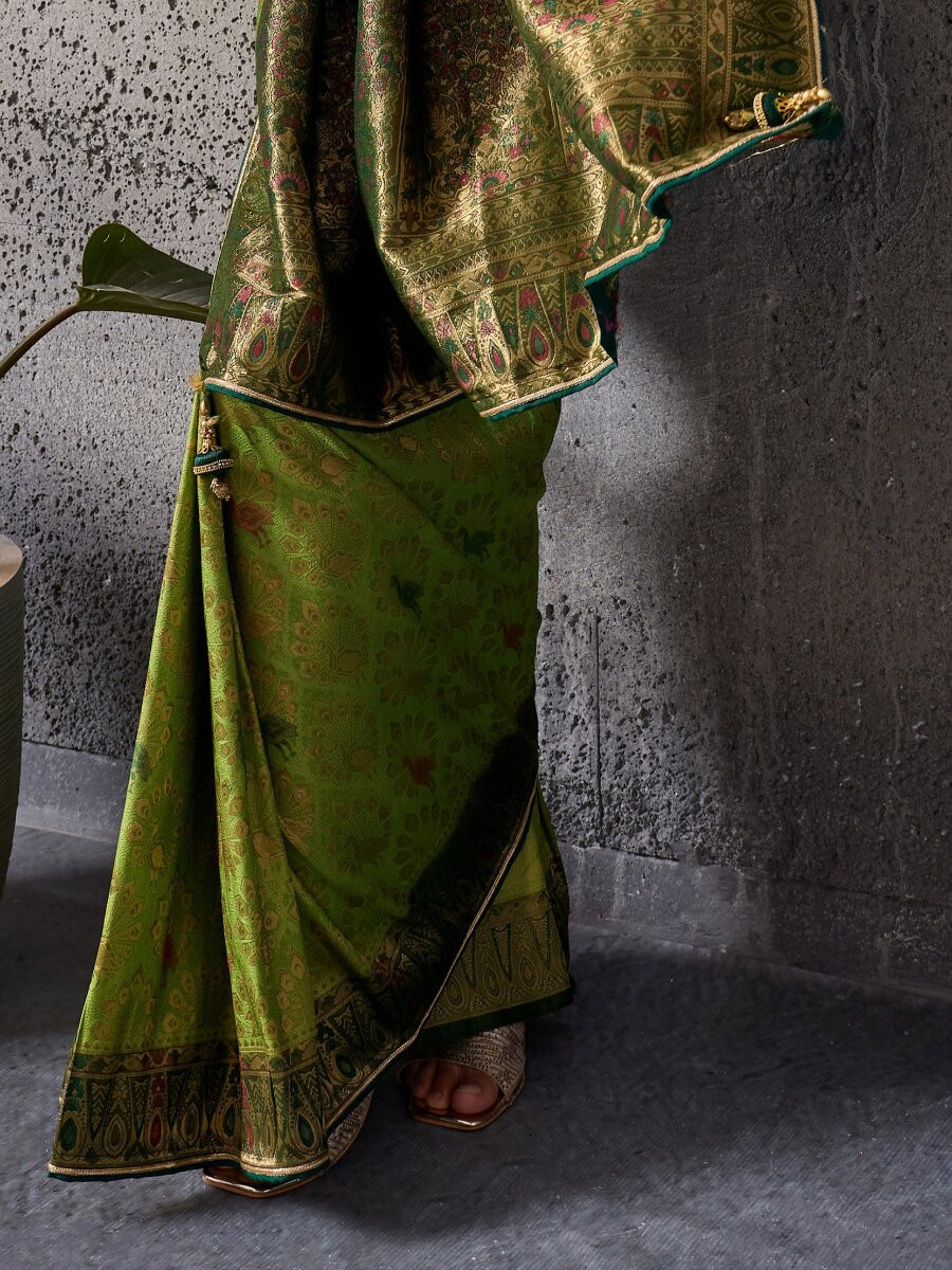 Green Silk Kanjivaram Wedding Reception Party Festival Casual Heavy Border Sarees