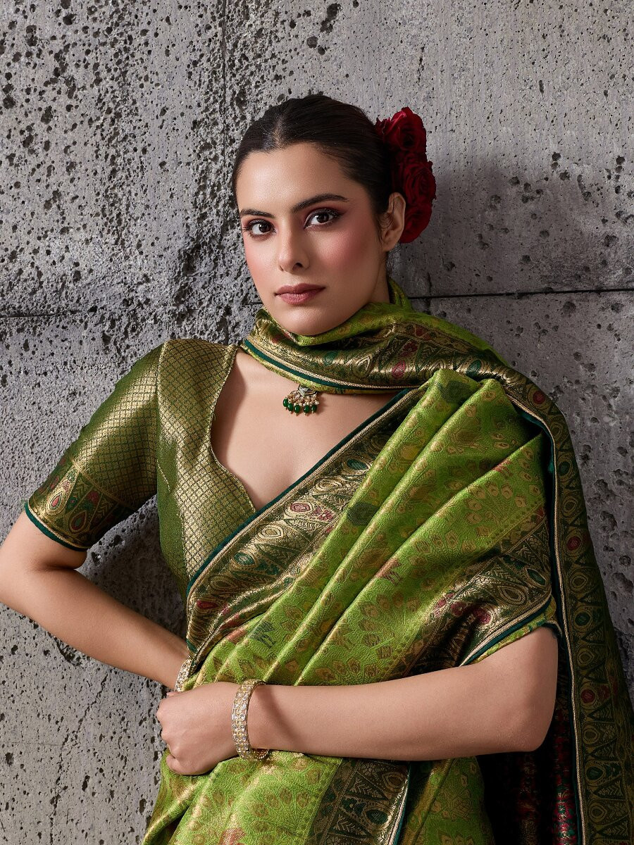 Green Silk Kanjivaram Wedding Reception Party Festival Casual Heavy Border Sarees