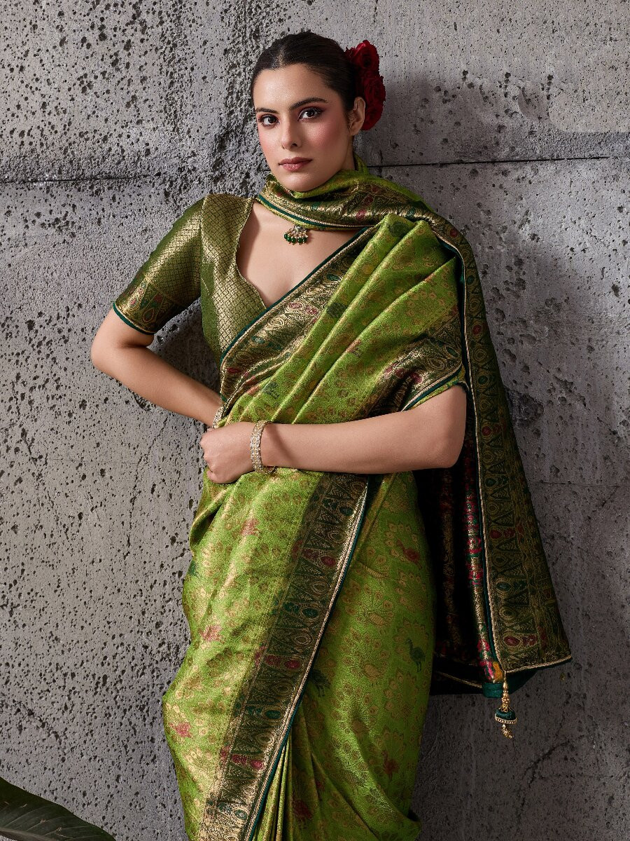 Green Silk Kanjivaram Wedding Reception Party Festival Casual Heavy Border Sarees